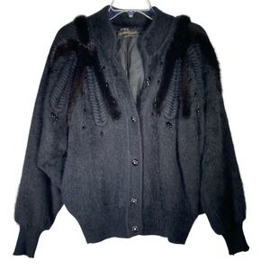 Angora Blend Fur Trim Beaded‎ Button Down Cardigan Sweater Jacket